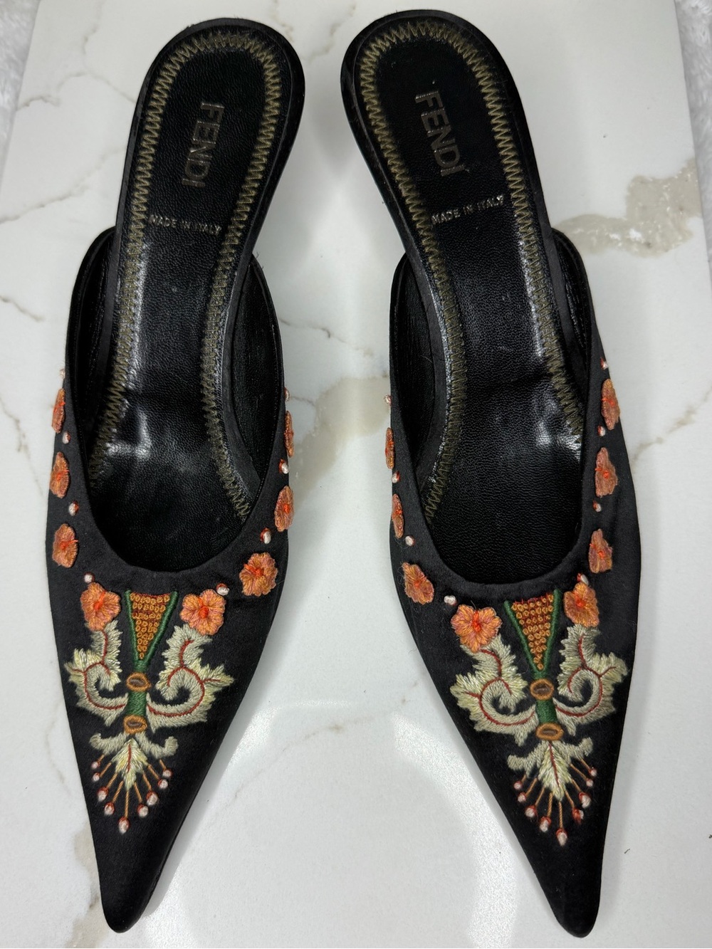 Fendi Black Embroidered Pointed-Toe Mules